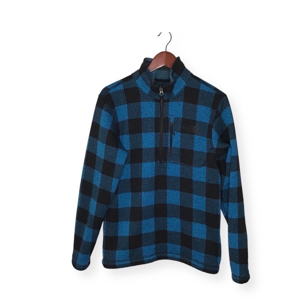 The North Face Men's Novelty Gordon Lyon 1/4 Zip Fleece Pullover in Blue Plaid.